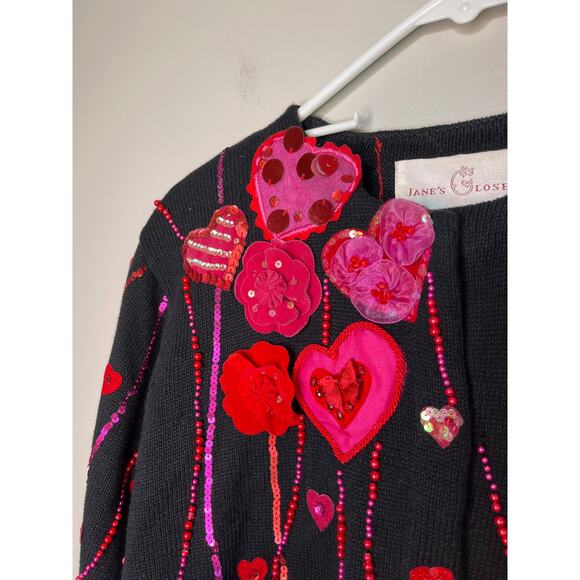 1990s Jane's Closet Red Pink Valentines Day Hearts Love Sparkle Glam Cardigan XL - Picture 4 of 6
